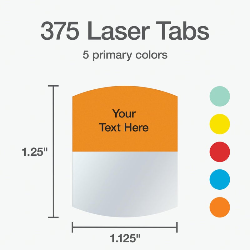 Redi-Tag Laser Printable Tabs  Permanent Index Tabs  Customizable Adhesive Labels  5 Assorted Colors: Yellow  Red  Blue  Green  Orange  1.125"" x 1.25""  375 Per Pack (B39020) - Image 2